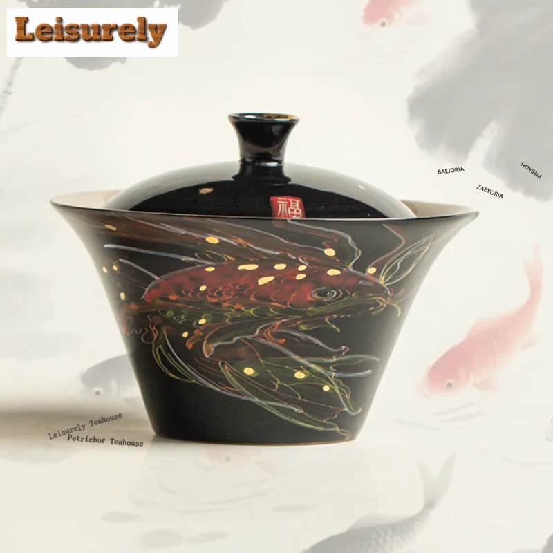 

110ml Hand-painted Happy Fish Gaiwan Antique Sopera Tea Tureen Tea Bowl With Lid Kit Tea Maker Cover Bowl Teaset Supplies Gift
