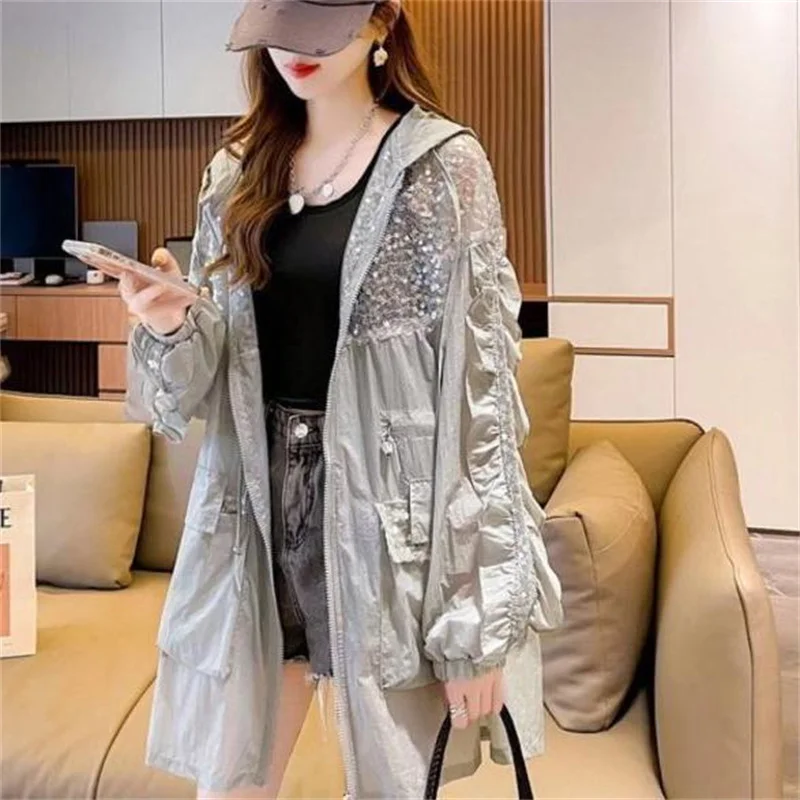 Women Lace Long Hooded Sunscreen Clothes In The Summer Of 2024 New Super Fairy Sequins Waist Aging Thin Breathable Coat Tide