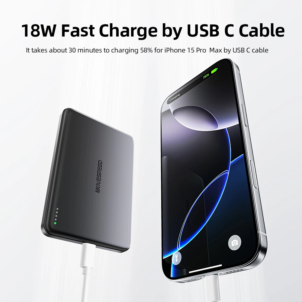 【CCC】MOVESPEED Półsztywny Power Bank 5000mAh z Magnetycznym Ładowaniem Bezprzewodowym Powerbank Kompatybilny z Magsafe dla iPhone 17 16 15 14 13 — zdjęcie produktu 5