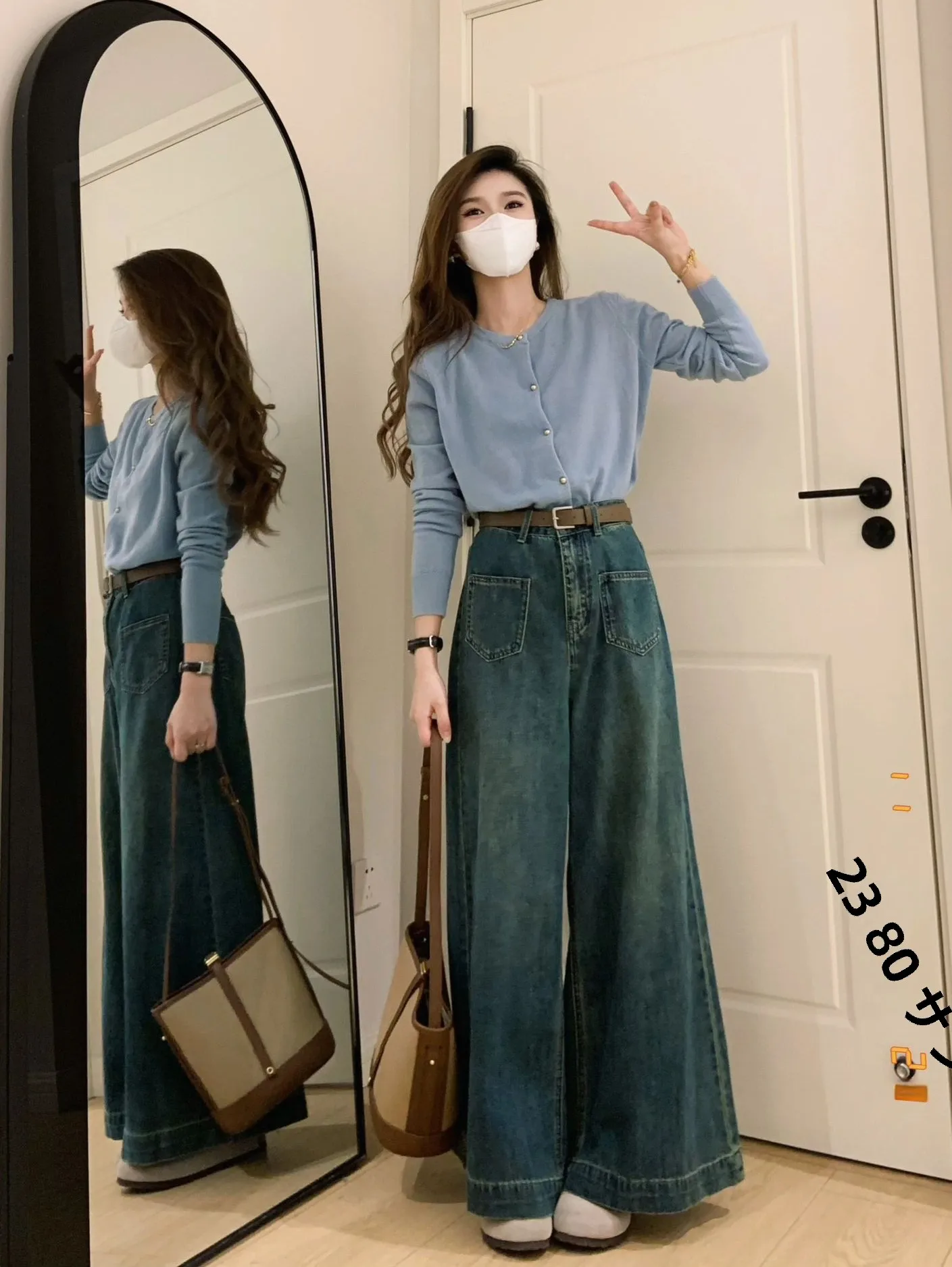 ハイウエストワイドレッグデニムジーンズ女性の春の新ヴィンテージデザインルーズストレート床長さのズボンプラスサイズのファッション