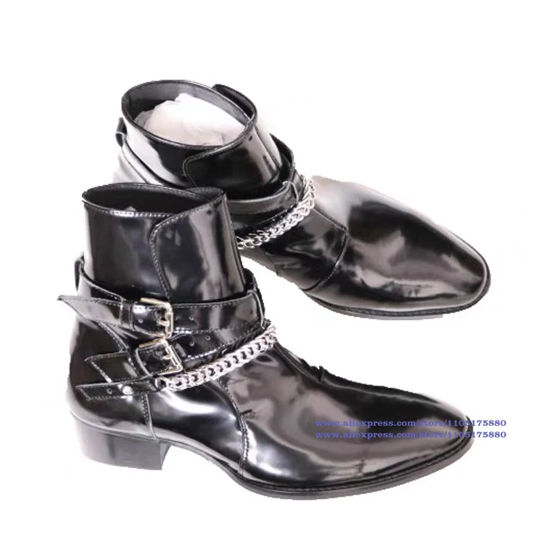 Shiny Patent Leather Chelsea Boots Pointy Toe High Top Buckle Strap Ankle Booties Luxury Designer Men's Boots Botas Mujer