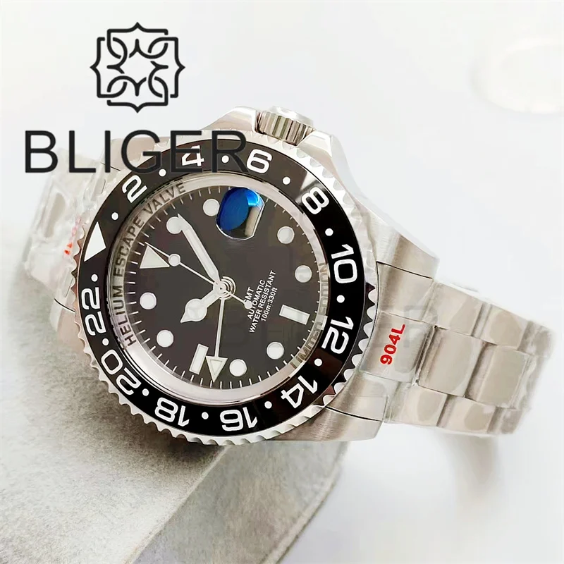 BLIGER 43mm SEA Dive Watch For Men GMT NH34 Automatic Luminous Bezel Black Dial AR Sapphire Glass With Magnified Date Waterproof