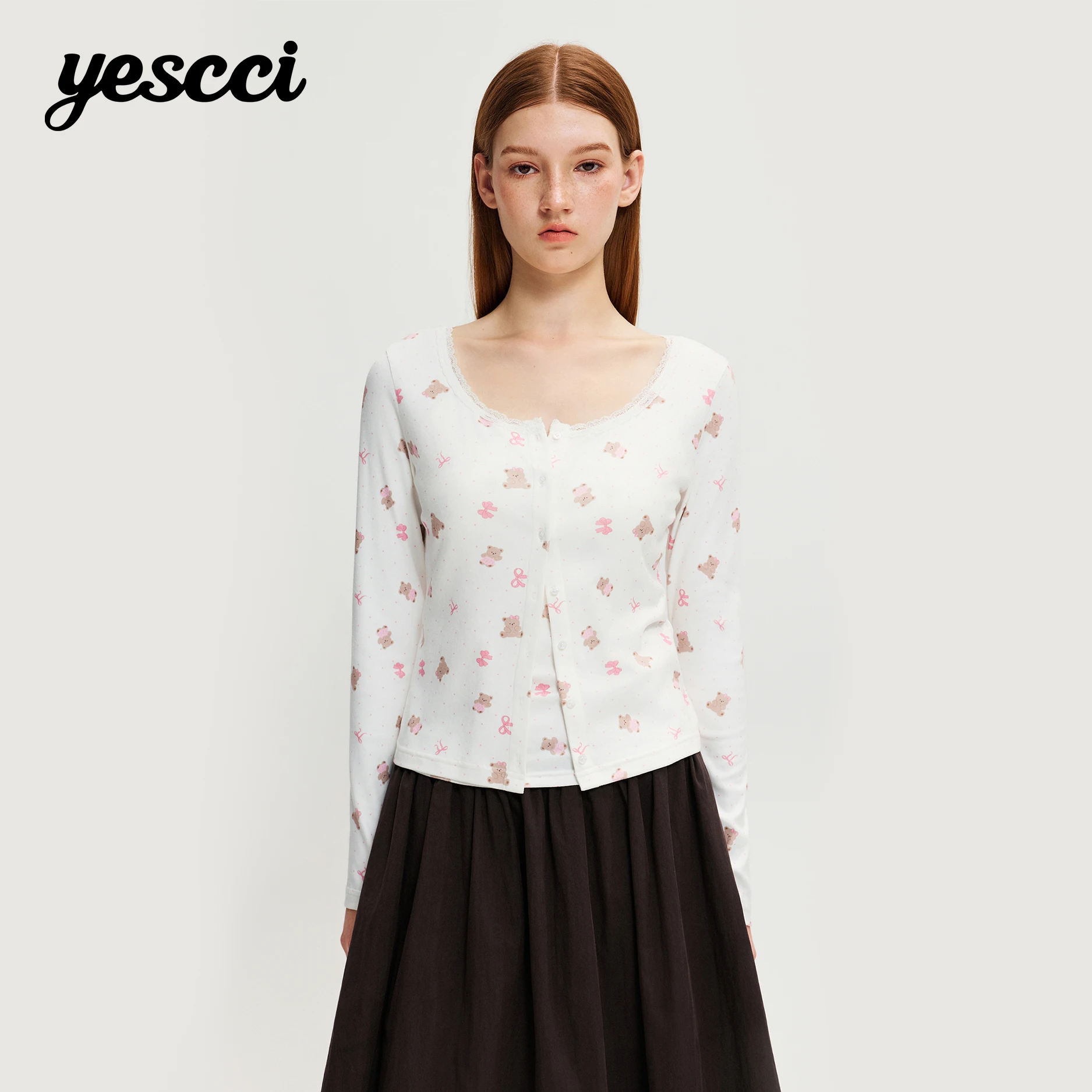 YESCCI Cardigan Woman Funny Bear Print Single Breasted Long Sleeve Knit Top Stylish Casual Jacket Daily Outerwear Y436081190
