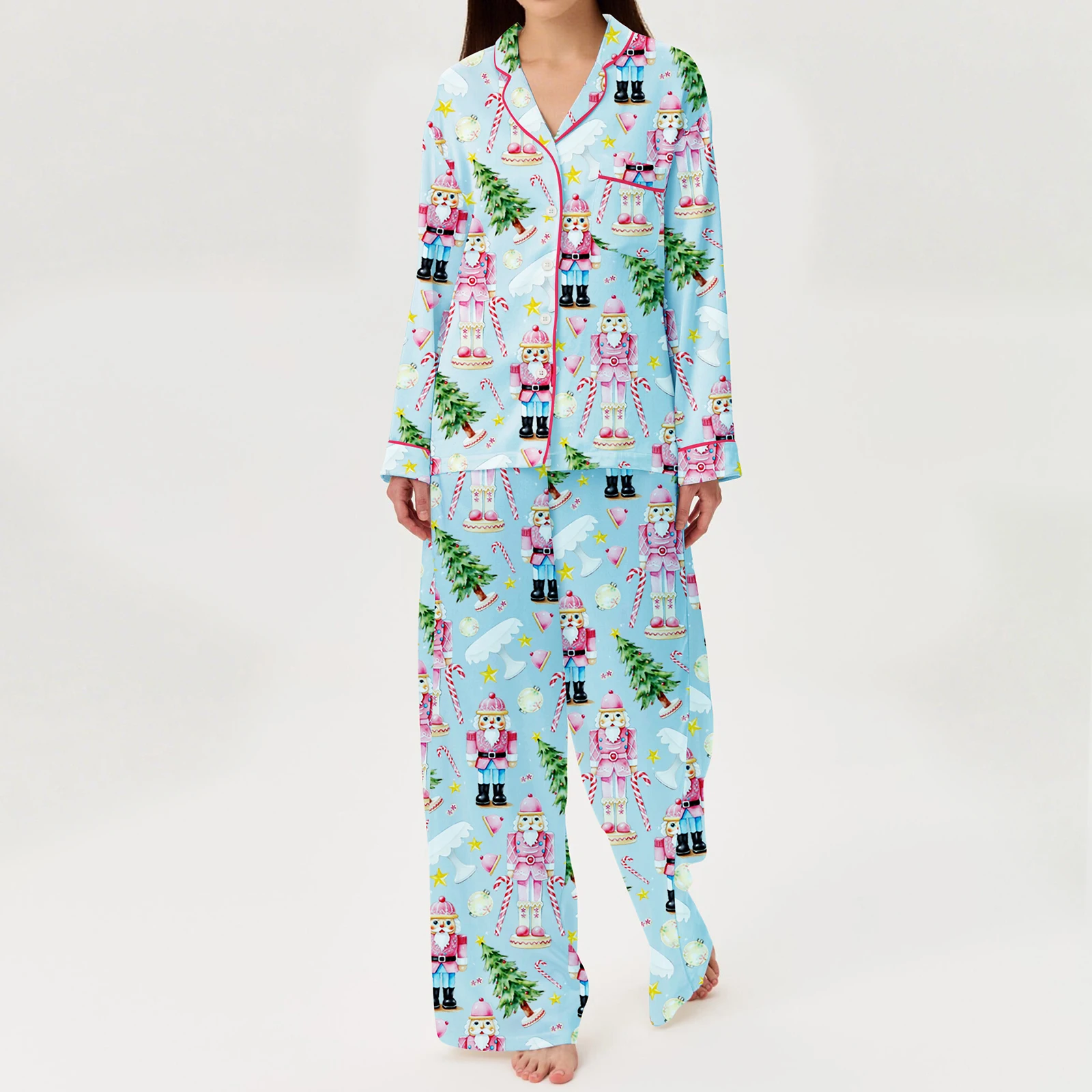 Comfort Women Christmas Pajama Set, Santa Claus Print Long Sleeve Shirt with Pants Sleepwear Loungewear