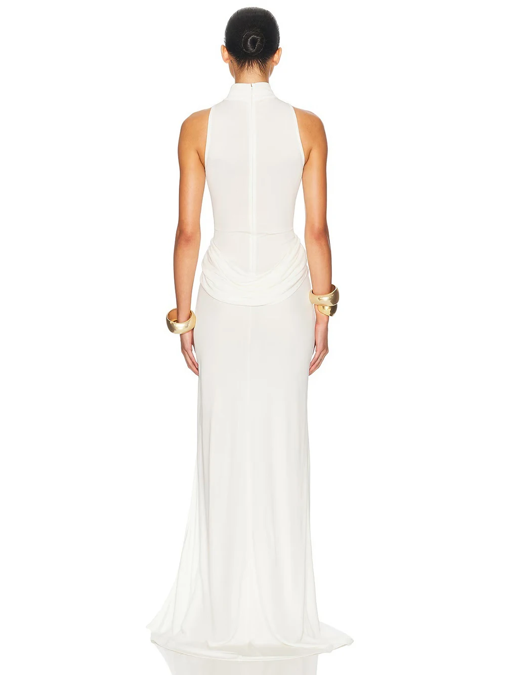 2025 جديد مثير شق عارية الذراعين معلقة الرقبة أنيقة أبيض أسود مطوي شق فستان طويل موضة نادي رداء حفلات #6