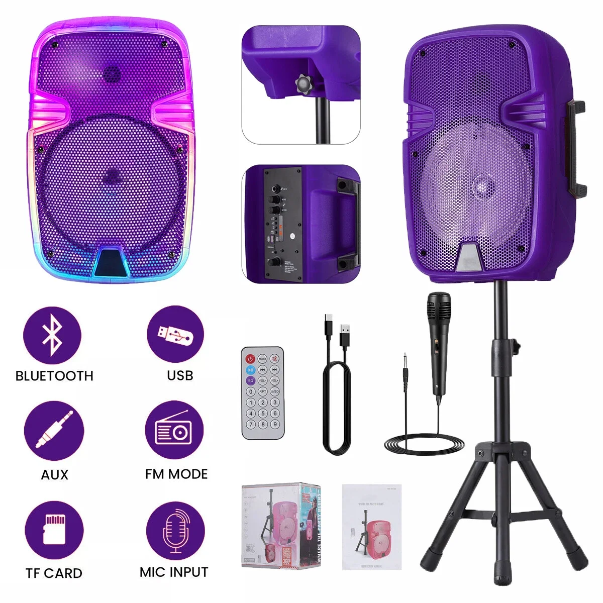 

Portable 8" Rechargeable Bluetooth PA Karaoke Loud Party Speaker w/Mic & Stand