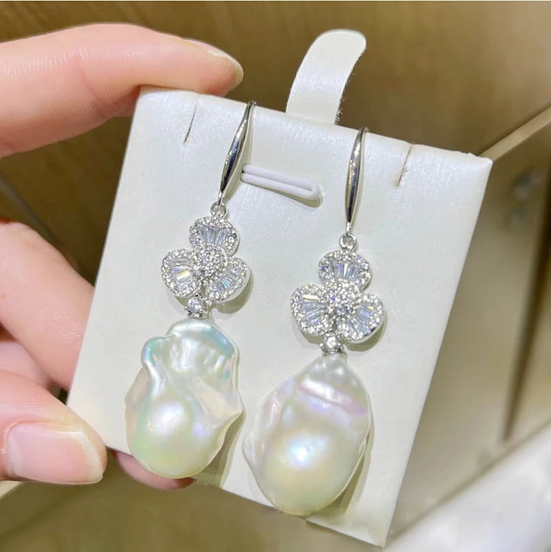 MeiBaPJ Big Natural White Baroque Pearls Fashion Flower Drop Earrings 925 Silver Empty Tray Fine Wedding Jewelry for Women