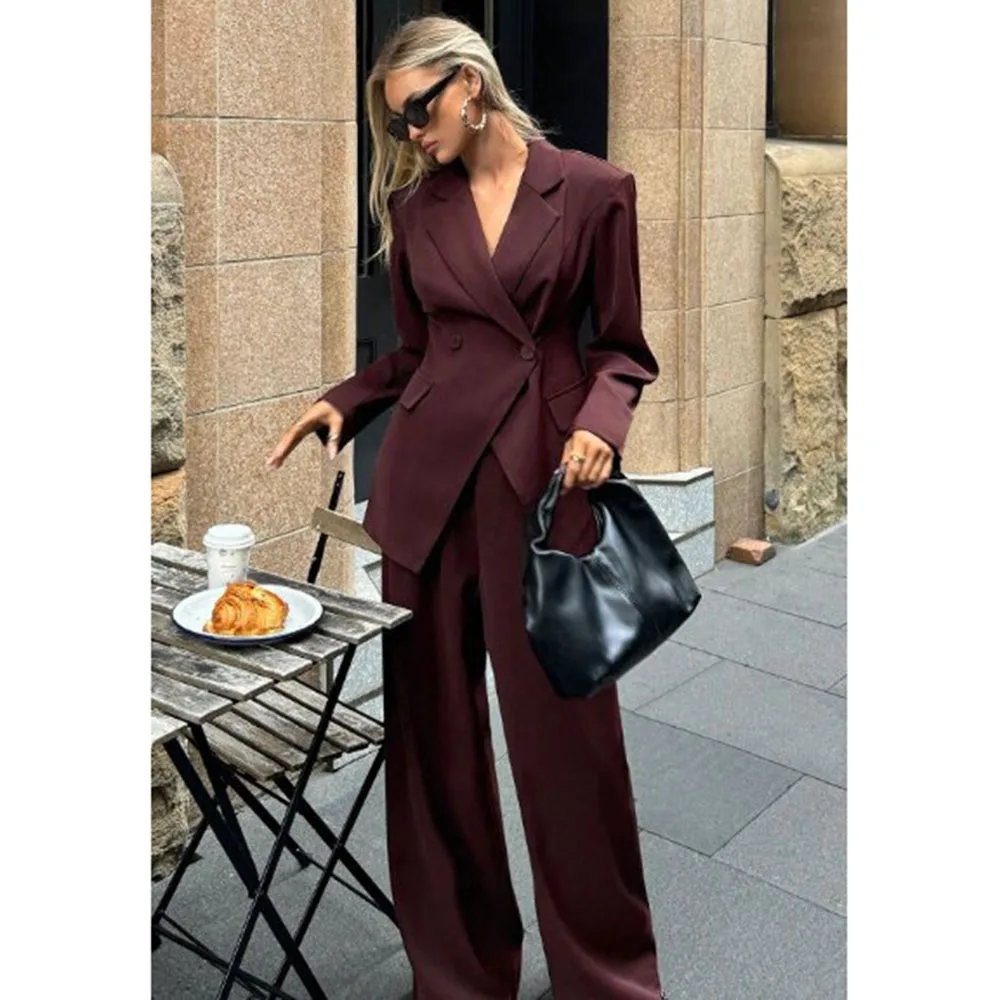 Fashion Classic Women 's Suit Double Breasted Notch Lapel 2 Pieces Jacket Pants Female Clothing Slim Fit Office Lady Blazer Set