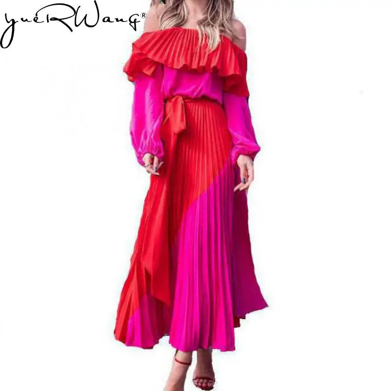 

yuerwang Women Dress Slash Off Shoulder Dresses Evening Party Dress Summer Bandage Long Sleeve Pleated Dress 2022