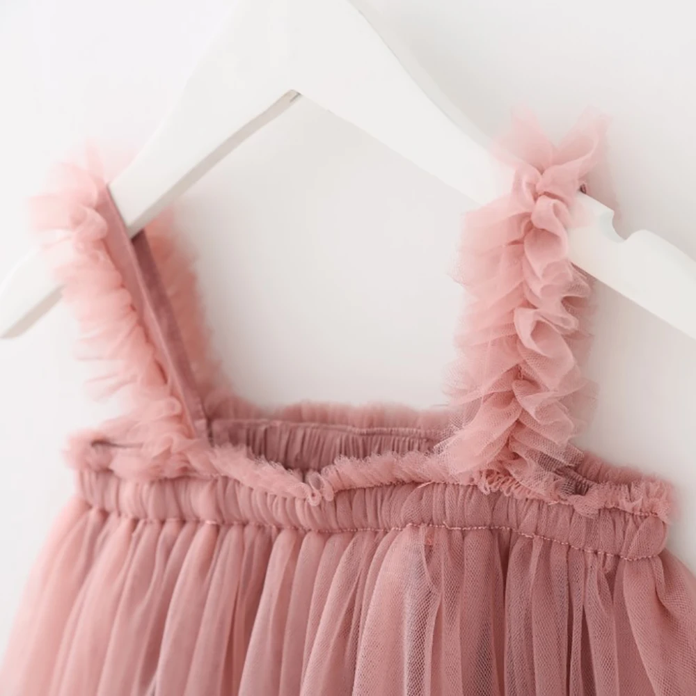 2024 Summer Kid\'s Baby Clothes Girls Mesh Suspenders Dresses 0-6 Y Ruffles Princess Dress Sweet Solid Color Daily Wear