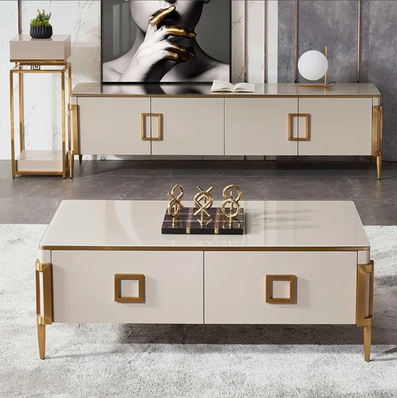 

Лидер продаж, роскошный стиль, мебель для гостиной, простой стол для телевизора, центральный стол для отеля, шкаф из закаленного стекла с золотой нержавеющей сталью