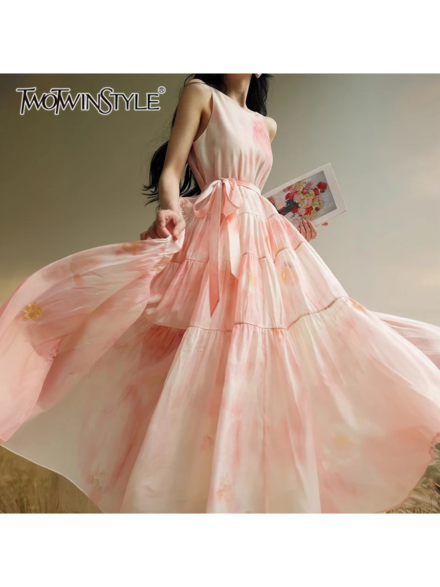

TWOTWINSTYLE Pink Printing Spliced Lace Up Elegant Dresses for Women Round Neck Sleeveless Patchwork Folds Long Dress Female New