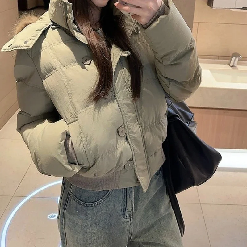 Warme Jacke mit Kapuze für Damen, Neu, 2025, Herbst-Winter-Oberbekleidung, dick gepolstert, schlank, kurze Parkas, abgeschnittener Puffer-Blasenmantel, weiblich