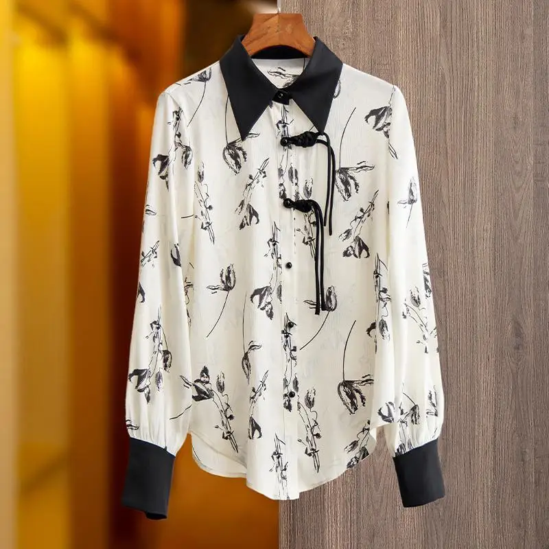 Chinese Style Spring Autumn Women\'s 2024 New Patchwork Polo Collar Button Print Fashion Loose Casual Long Sleeved Blouses Shirts