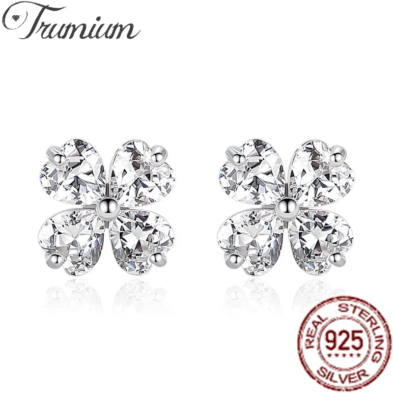 

Trumium 925 Sterling Silver 1 Pair Women's Lucky Four-Leaf Clover Shape Ear Stud Earrings Sky White Zircon Fashion Jewelry Gifts