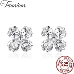 Trumium 925 Sterling Silver 1 Pair Women's Lucky Four-Leaf Clover Shape Ear Stud Earrings Sky White Zircon Fashion Jewelry Gifts