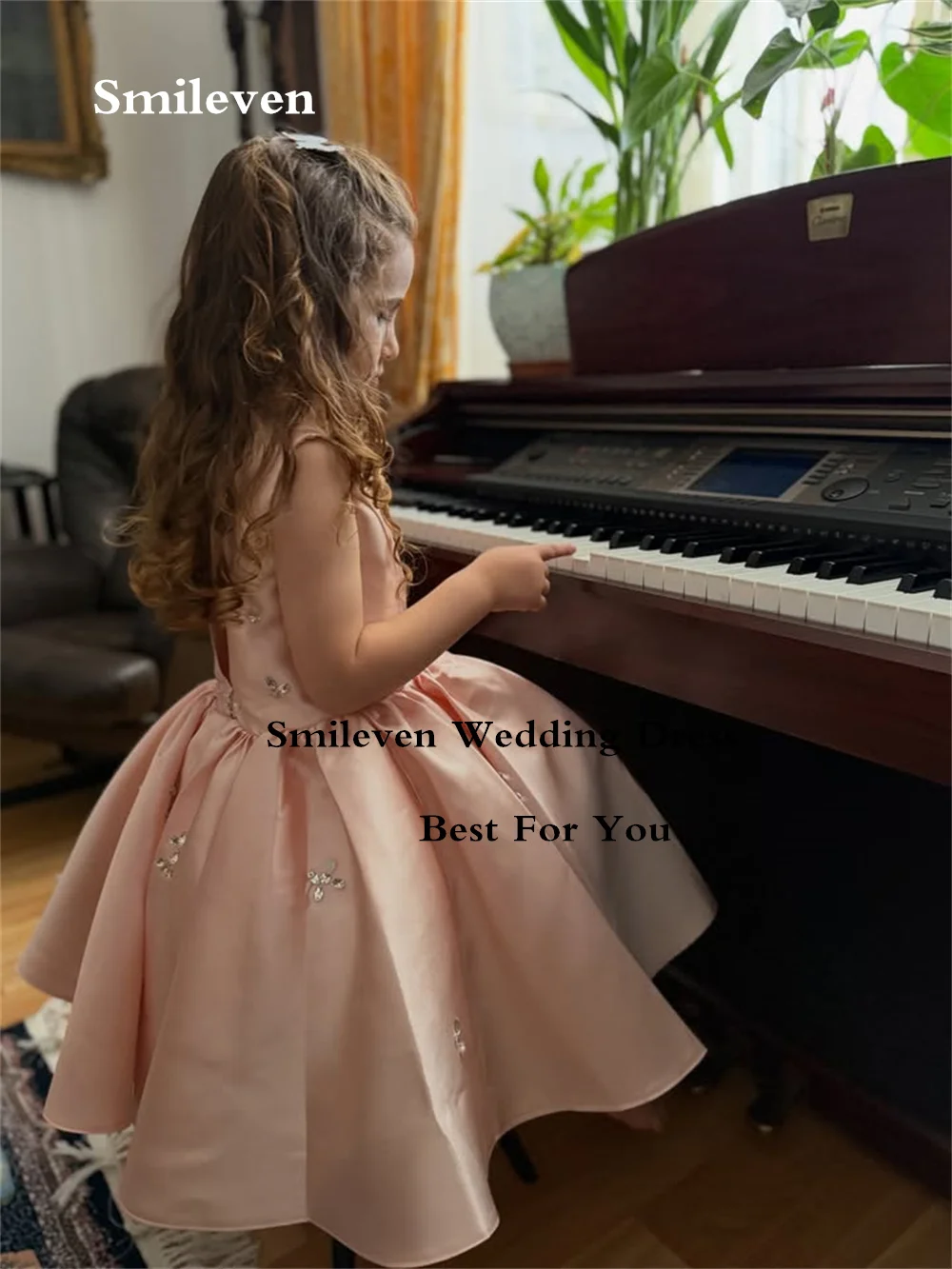 Smileven Pink A Line Flower Girl Dresses Square Neck Communion Party Dress Beads Appliques Birthday Party Gowns Customized