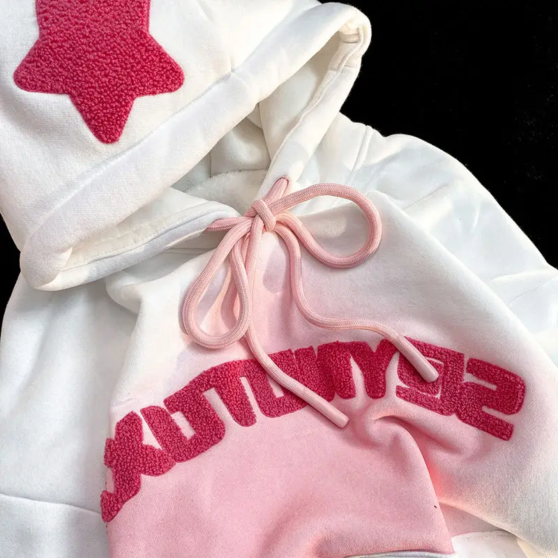 Oversize Euro-us Style Fleece Autumn Winter Hoodie Women Sweatshirt Towel Embroidery Five-pointed Star Gradient Female Pullover