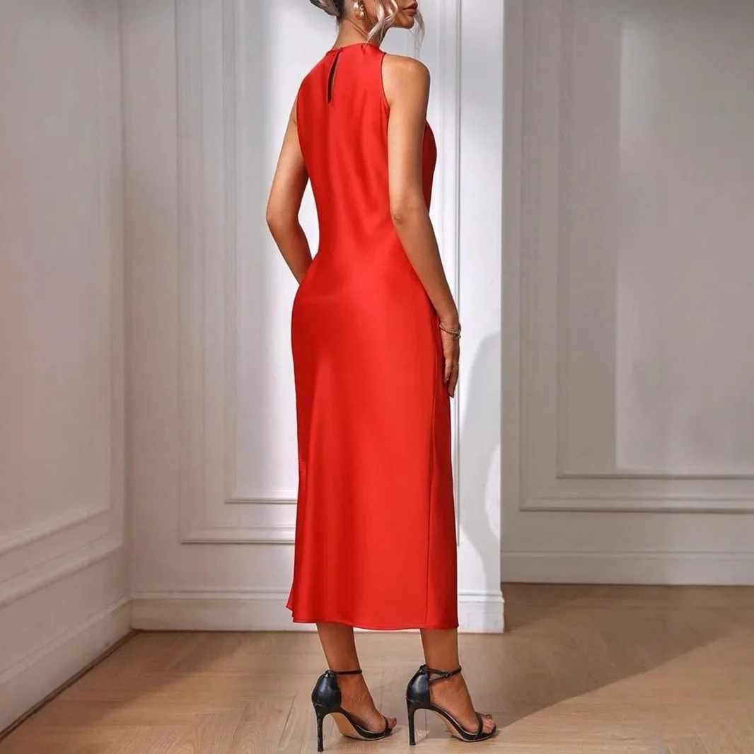 2025 Satin Dress Women's Spring and Summer Sleeveless Split Satin Simulation Silk Long Skirt Europe and America