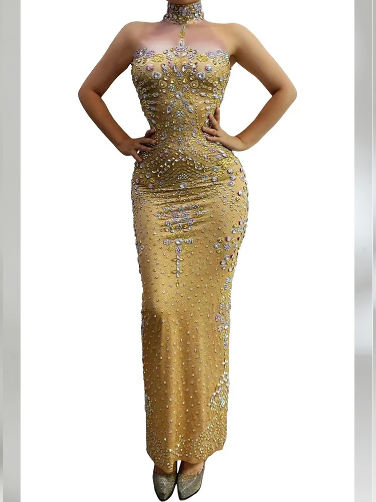 Alta qualidade strass sexy pescoço pendurado vestido elástico 2025 nova moda roupas femininas personalizadas