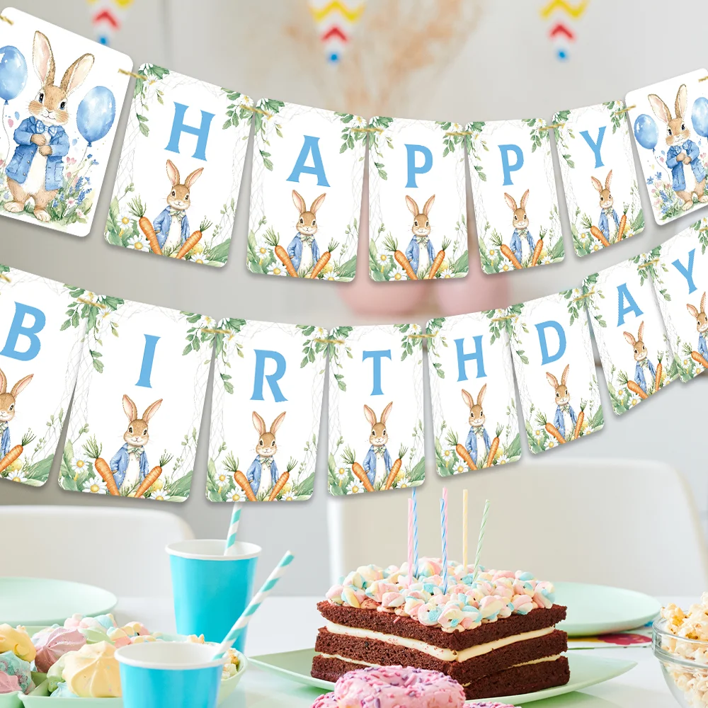 16-teiliges Peter Rabbit Geburtstagsbanner-Set, Einfaches Design Dekorationen, Raumdekoration, Partyzubehör, Feiertagsfeierlichkeiten