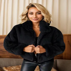 Women's Faux Fur Coats Elegant Solid Color Comfor Turn Down Collar Zipper Long Sleeve Jacket Fashion Plush Short Coats Female