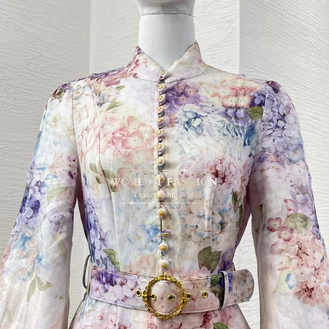 2025 New Spring High Quality Linen Multi Color Floral Print Long Sleeve Stand Collar Midi Dress for Women