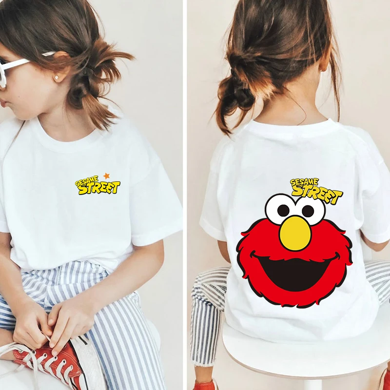 Sesame Street Printed Kids Clothing Kids Cotton T-shirt Casual Short Sleeve White Top Girls Gift