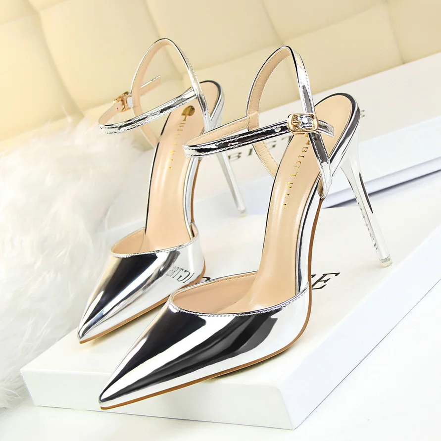 Women Sandals Patent Leather High Heels Pointed Toe Shallow Sandals Metallic Gold Silver Sexy Pumps Ankle Buckle Stiletto Sandal