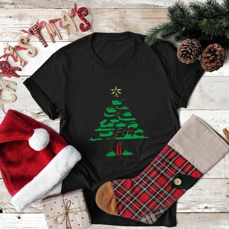 شجرة عيد الميلاد العسكرية الجرافيك بلايز خمر عطلة للجنسين تي شيرت Crewneck كل مباراة عادية نمط بلايز تي شيرت قصير