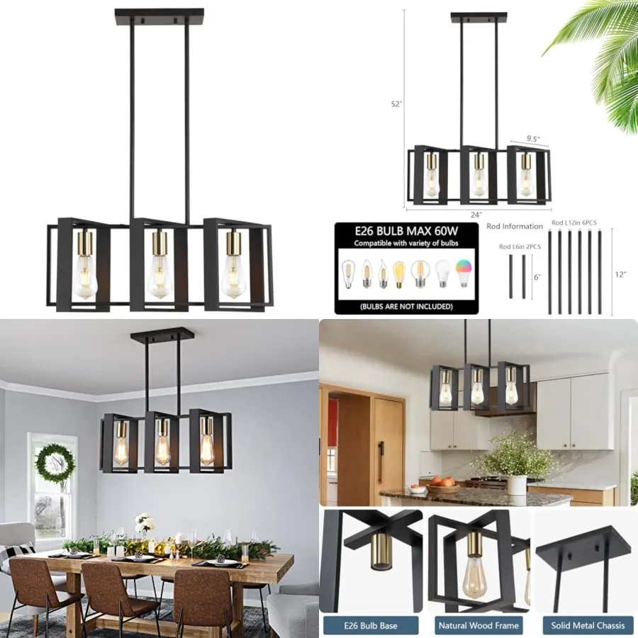 

23.6" Island Lighting, Dining Room Chndelier, Linear Kitchen Island Lighting for Pool Table Living Room, Foyer Hallway, E26, Fr