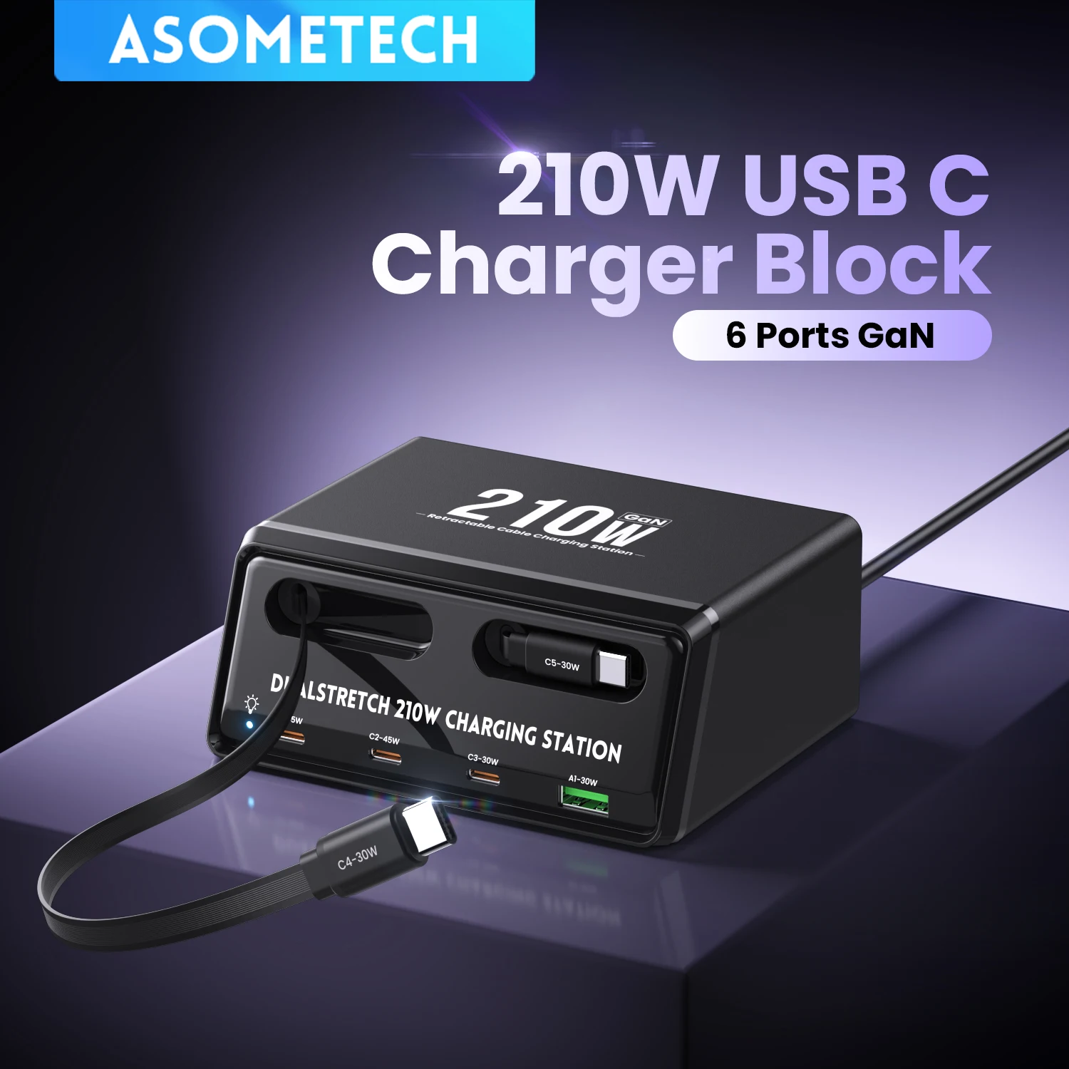 6-in-1-gan-usb-c急速充電ステーション、格納式type-cケーブル搭載、iphone-17、ipad、samsungタブレット対応のパワーコンボタワー型急速充電器