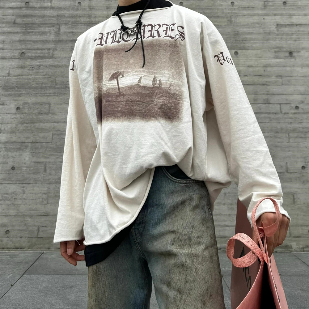 

KUCLUT YE 1:1 KANYE Fashion Brand Russian Graphics Printed Long Sleeves Vintage Clothes Tops Loose Oversize T Shirt Men Woman