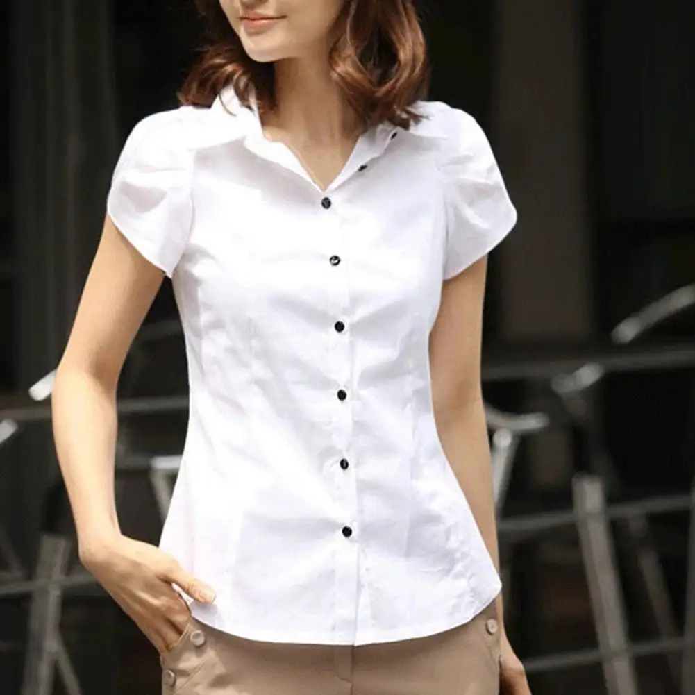 

Women Short Sleeve Shirt Black White Irregular Hem Slim Fit Shirt Button-up Blouse Fashion Pocket Lapel Petal Office Lady Shirts