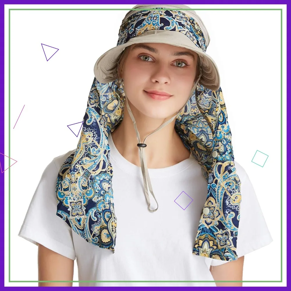 

UPF 50+ Sun Protection Hat for Women, Wide Brim Beach Hat with Neck Flap and Ponytail Hole, Summer Outdoor Visor