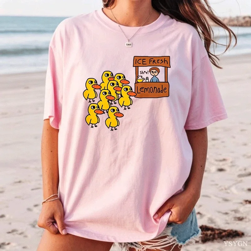 Women T Shirt Cute Yellow Ducks Lemonade Stand Cartoon Graphic Print Short Sleeve Casual Ladies Tee Summer Fun Top