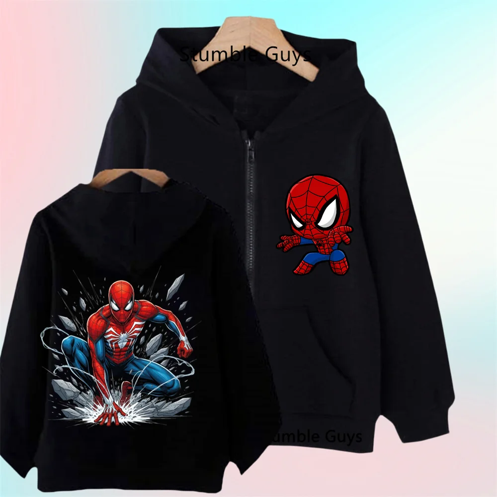 2026 Cool Cartoon Spider Zip Up Hoodie for Boys, Kids Long Sleeve Zipper Jacket, Front & Back Print, Soft Casual Daily Wear