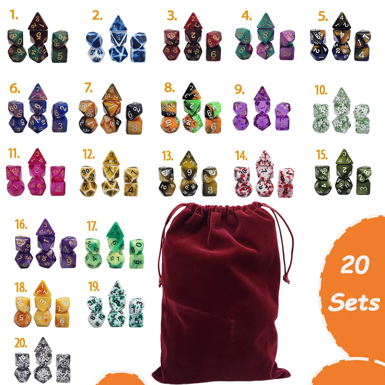 

High Quality DND RPG Dice Sets 20 x 7 Polyhedral Dice (140pcs) for Dungeons and Dragons Tabletop Role Playing Adventure Games