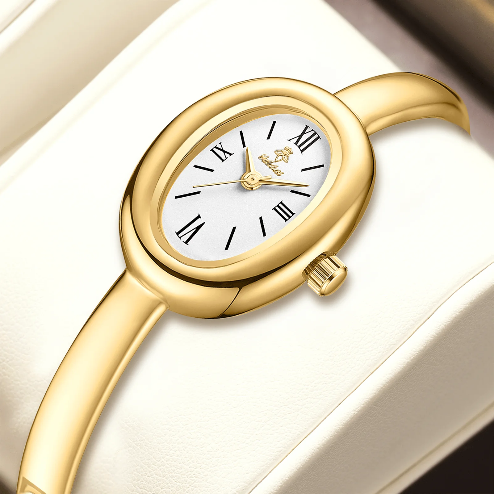 

Элегантные женские кварцевые часы золотистого цвета с овальным циферблатом и римскими цифрами