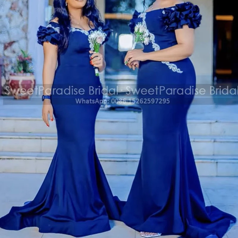 Royal Blue Mermaid Bridesmaid Dresses Appliques Beads Ruffles Off Shouder Customized Plus Size Long Sheath Wedding Party Dress