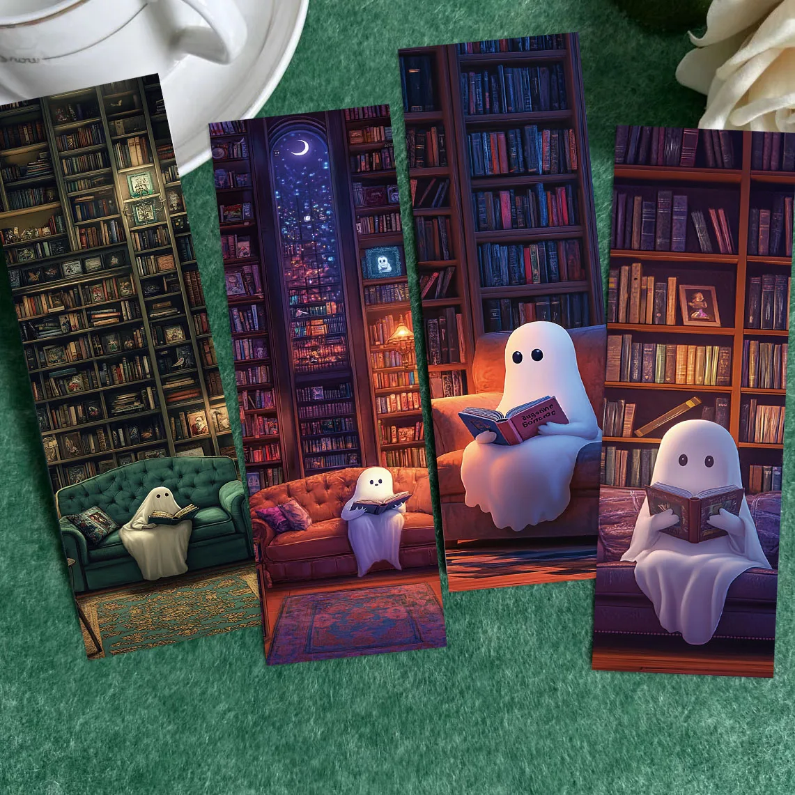 30Pcs Ghost Reading at the Library Bookmarks Aesthetic Decorative Book Markers Paper Book Page Mark Cards for Book Lovers