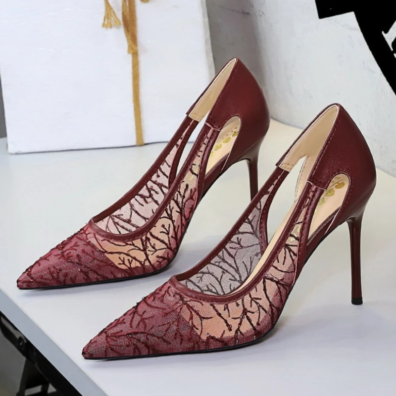 BIGTREE New Design Hollow Out Glitter Mesh Embroidery Women Pumps Sexy Wedding Thin High Heels Pointed Toe Shoes view 3