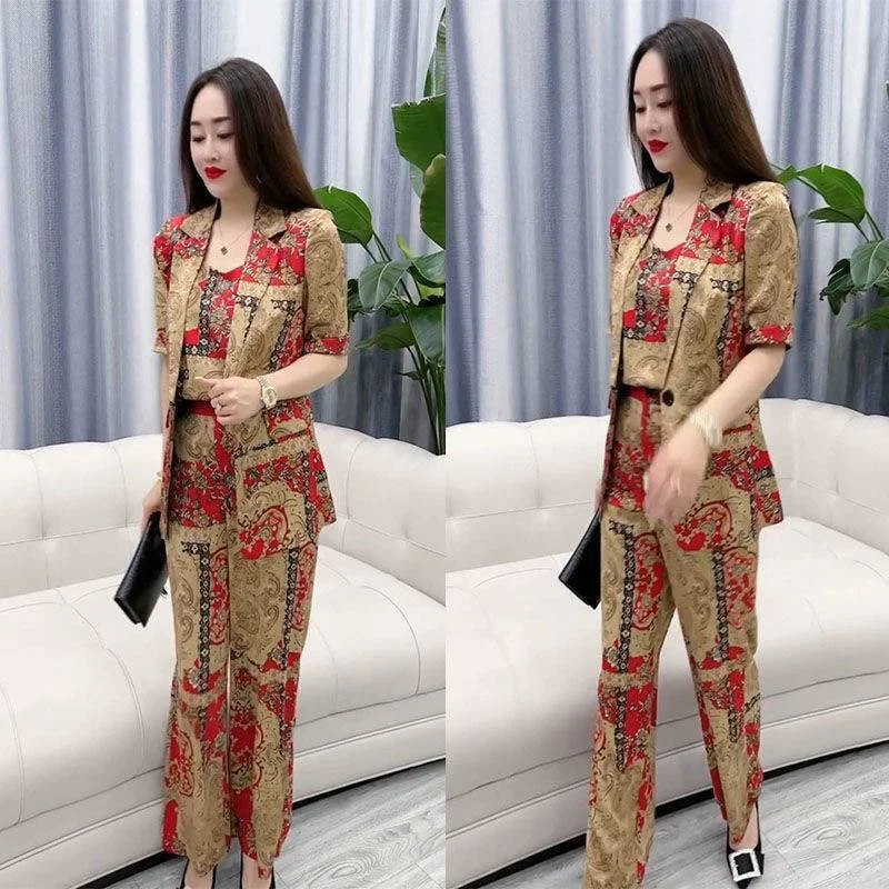 

【 Popular Three Piece Set Recommended by Netizens 】 2023 Summer New Fashion Women's Beautiful Short Sleeve Coat Wide Leg Pants