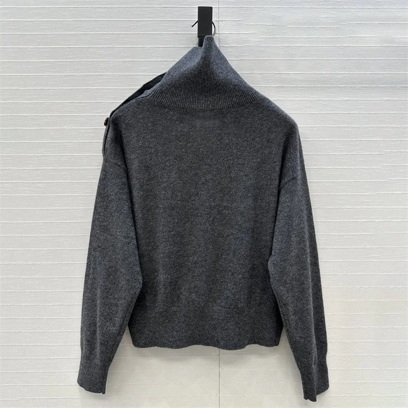 2025년 가을 여성용 캐시미어 혼방 니트웨어, 비대칭 슬림핏 하이넥 긴팔 스웨터