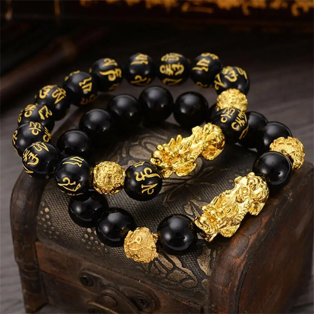 Stretchable Elastic Amulet Jewelry Blessing Golden Pixiu Bracelet Black Bead Wristbands Black Obsidian Bracelet Obsidian Bangle