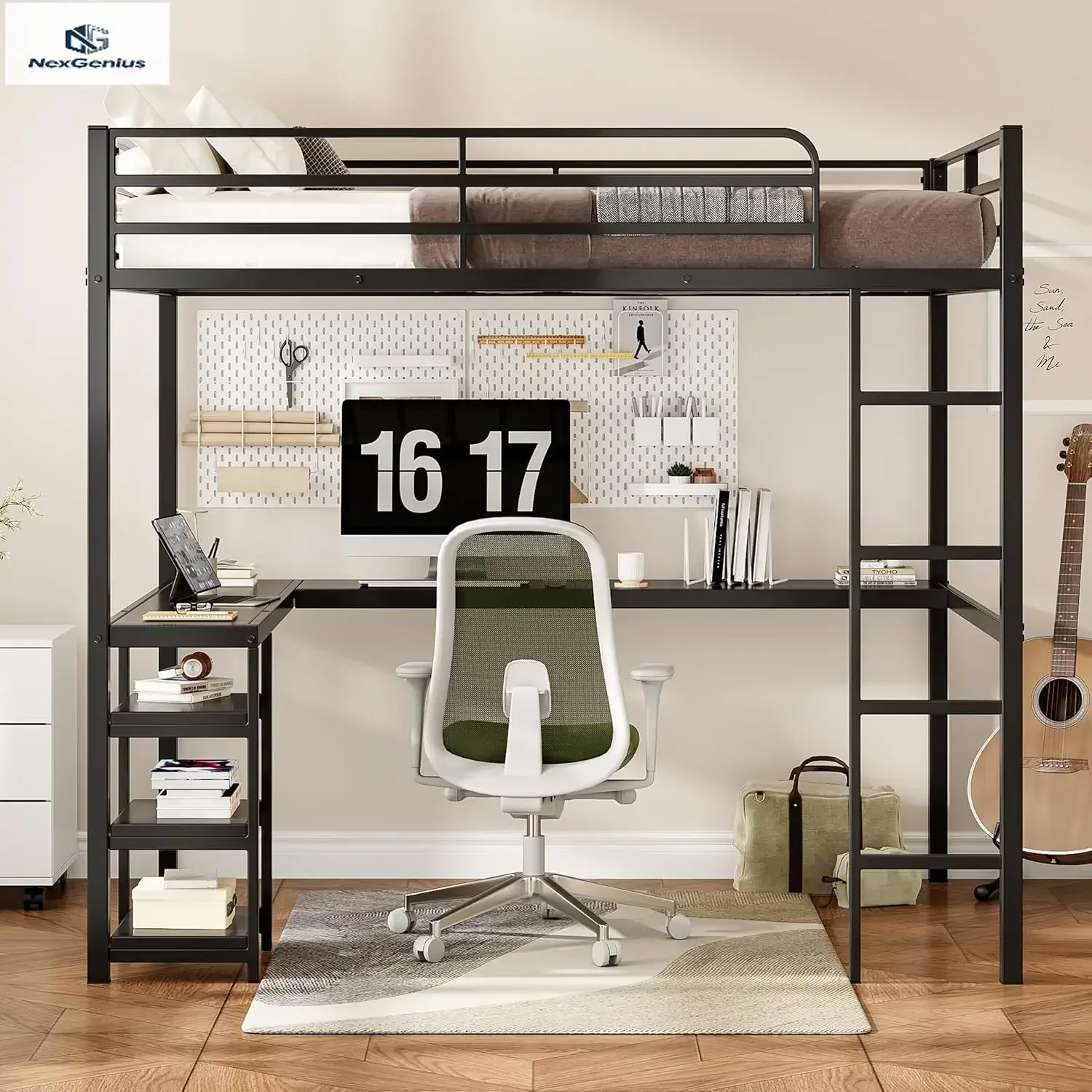 Bellemave Full Size Loft Bed with Desk and Shelves, Metal Full loft bedframe with L Desk and 3 Storage Shelves, Black