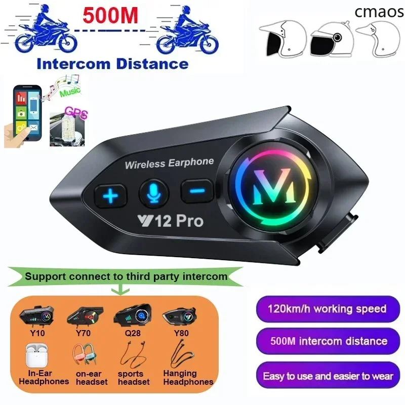 Casque de moto Y12 Pro avec intercom Bluetooth 5.4, étanche, portée 500m, haut-parleur sans fil, interphone mains libres