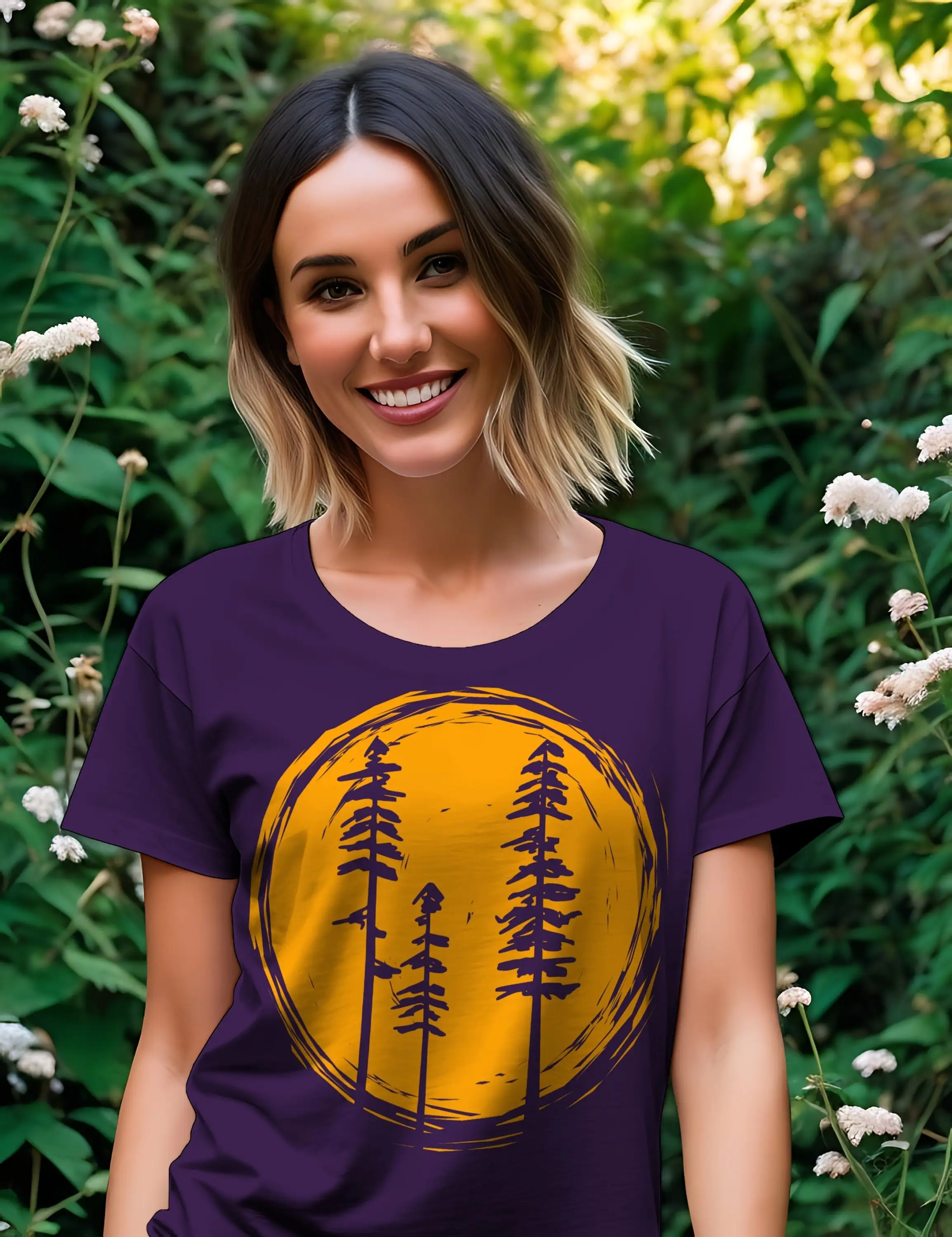 T Shirt Sonne Bäume Kiefern Sonnenschein Wandern Natur Nadelbäume Silhouette Adventure Wald Outdoor Naturabenteuer Sonnig