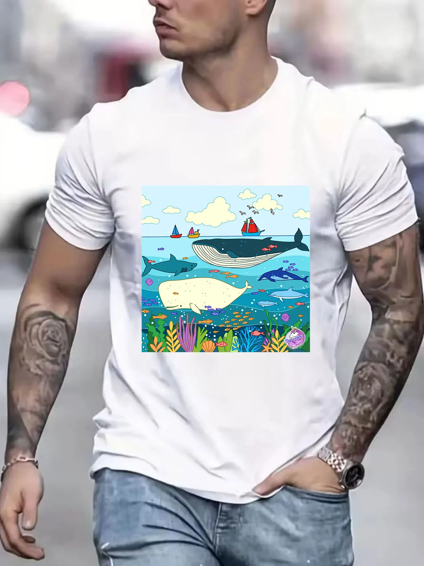 Men's Cotton T-Shirt with Vibrant Ocean Print, Featuring Whales Sharks and Tropical Fish, Breathable Casual Short Sleeve Tee