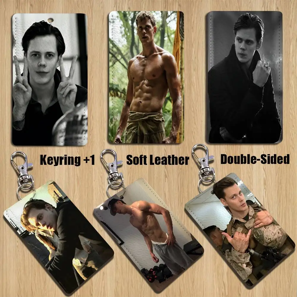 Klassischer Schauspieler Bill Skarsgard Rechteckiges Ausweishülle-Schlüsselband Zugangskarten-Tasche Schlüsselanhänger Leder-Kartenhalter Schlüsselring
